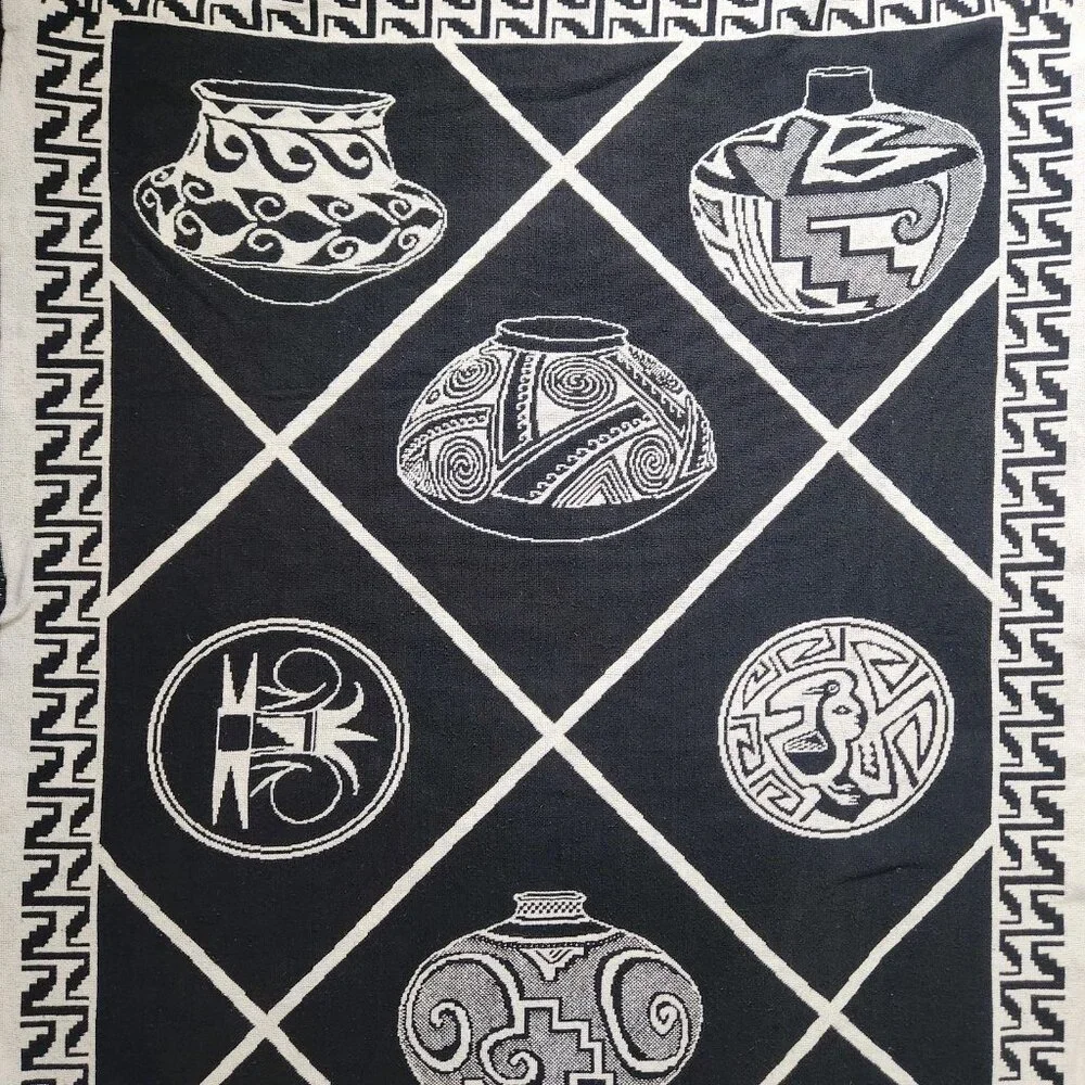 Vintage Southwest Native Aztec Pottery Pots Blanket Tapestry 74” X 50”